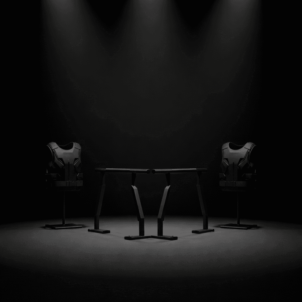 Black tactical vests and parallel bars displayed symmetrically under spotlights in a dark studio.