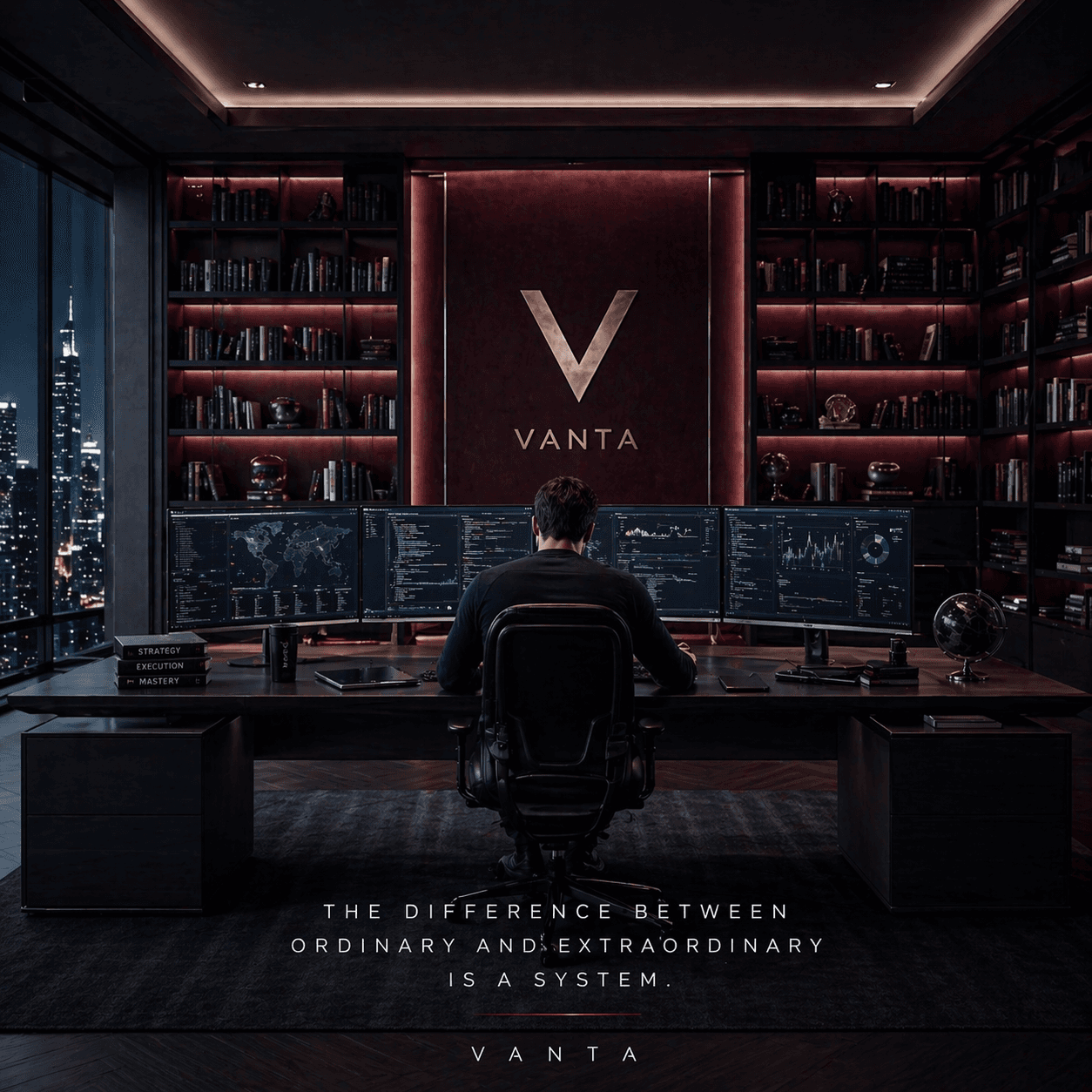 Man at a multi-monitor desk in a dark luxury office with Vanta branding and skyline.
