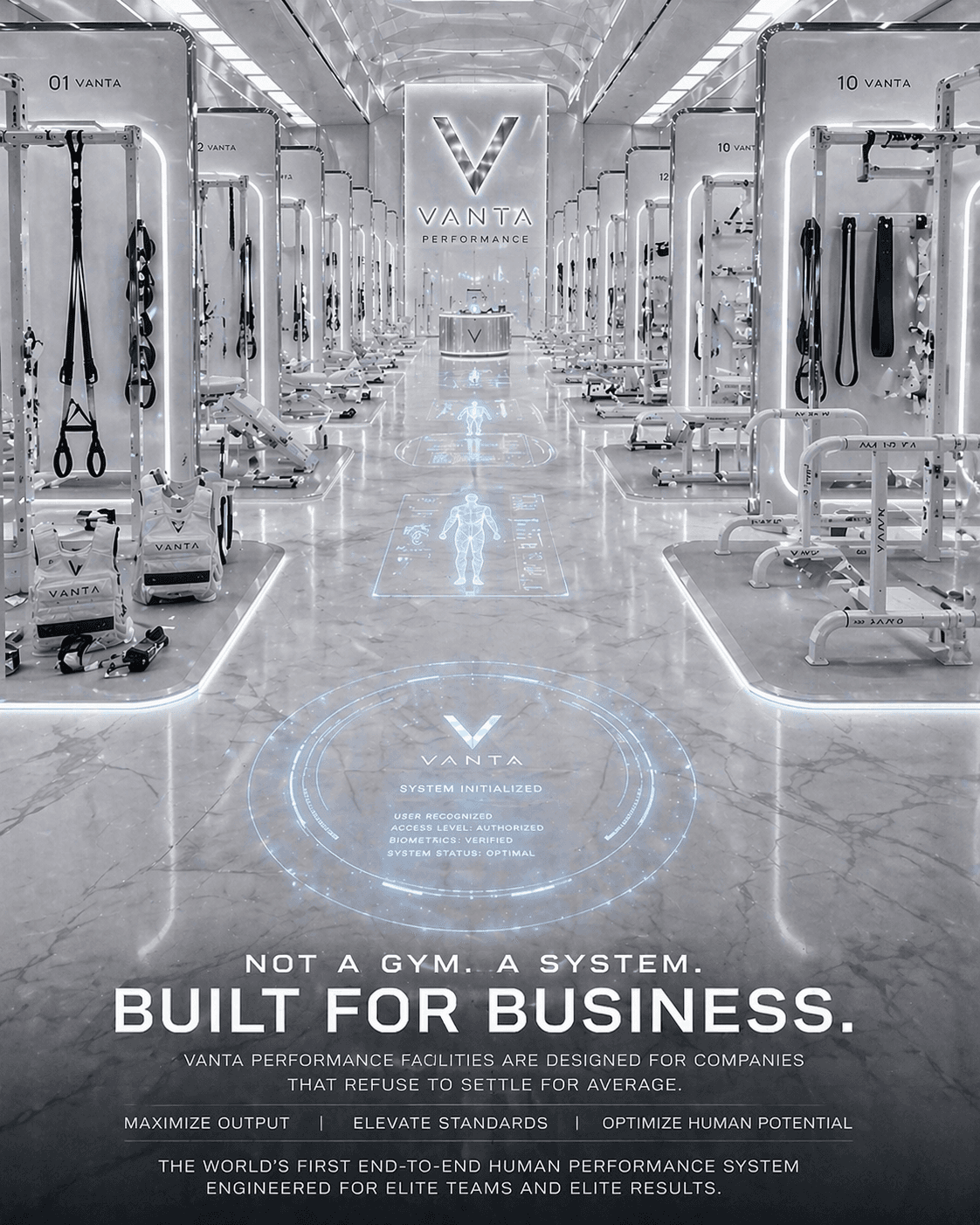 Futuristic white training facility with holographic floor displays and rows of high-tech exercise equipment.