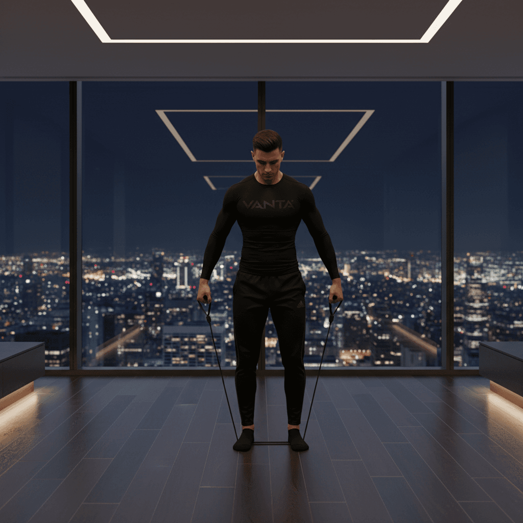 Man in black sportswear using resistance bands in a modern room with night city views.