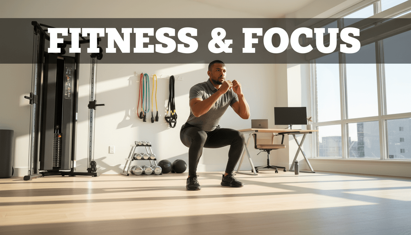 Professional performing strength training with resistance bands in a minimalist home gym environment