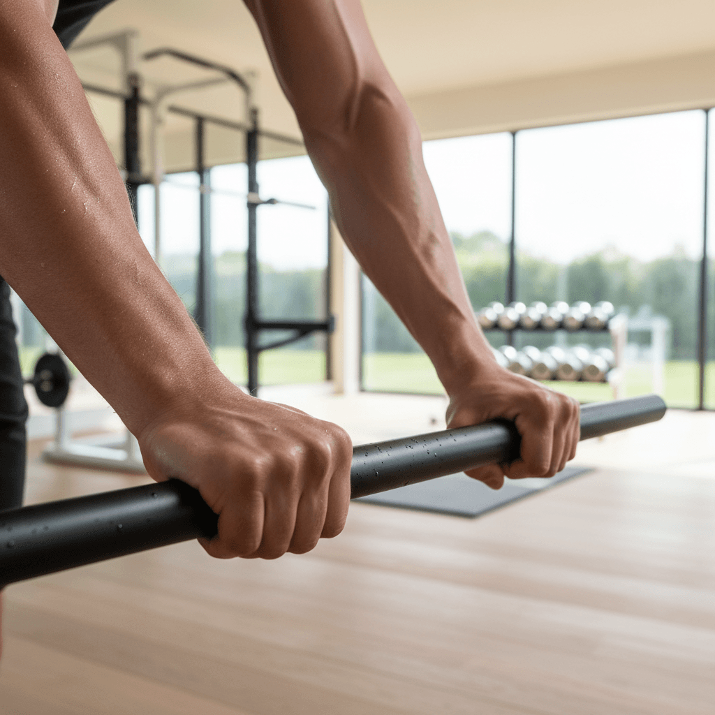 Professional performing strength training with parallettes in a modern home gym
