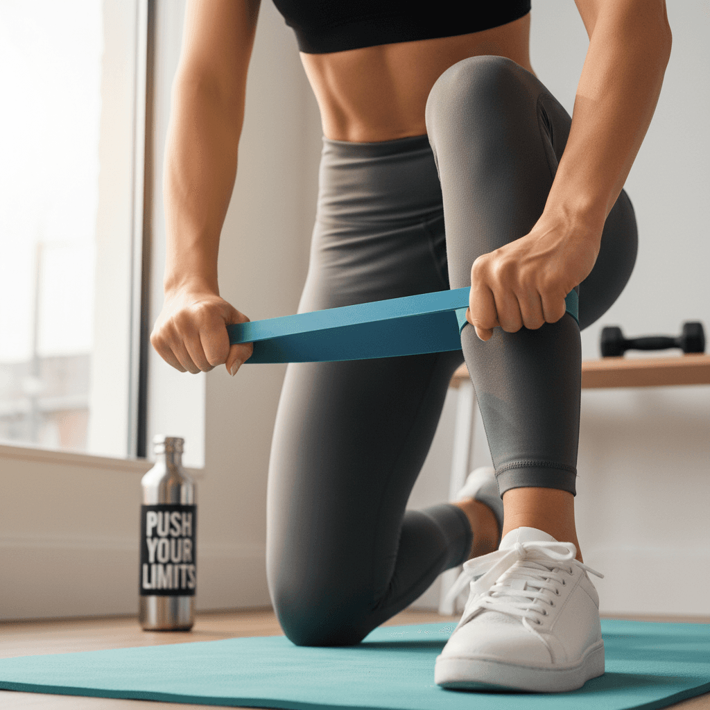 Athlete performing structured strength training with resistance bands and parallettes at home
