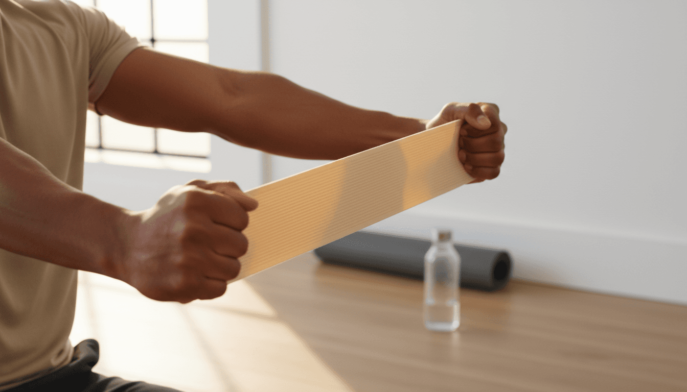 Fit professional performing compound strength exercise with resistance bands in clean home gym